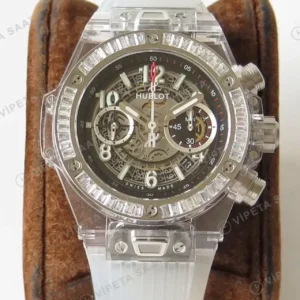 Hublot Big Bang Unico Sapphire Iskelet Baget Bezel Beyaz Kaucuk Kordon Super Clone ETA Saat kırp kapak