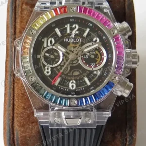 Hublot Big Bang Unico Sapphire Iskelet Rainbow Bezel Siyah Kaucuk Kordon Super Clone ETA Saat kırp kapak