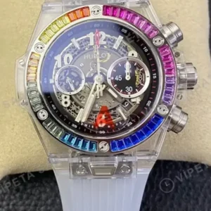 Hublot Big Bang Unico Sapphire Seffaf Kasa Rainbow Bezel Kaucuk Kordon Super Clone ETA Saat kırp kapak
