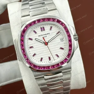Patek Philippe Nautilus 5711 40 mm Beyaz Kadran Pembe Taşlı Bezel Super Clone ETA Saat kırp kapak