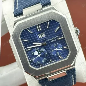 Patek Philippe Cubitus 5822 45 mm Mavi Kadran Ay Evreli Tekstil Kordon Super Clone ETA Saat kırp kapak
