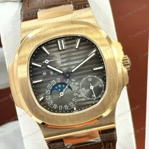Patek Philippe Nautilus 5712 40 mm Rose Gold Mavi Ay Evreli Deri Super Clone ETA Saat kırp kapak