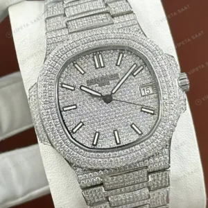 Patek Philippe 40 mm Nautilus Beyaz Elmas Taşlı Full Pave Parlak Super Clone ETA Saat kırp kapak