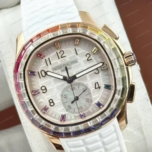 Patek Philippe Aquanaut 5968 42.2 mm Rose Beyaz Kronograf Beyaz Kaucuk Super Clone ETA Saat kırp kapak