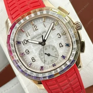 Patek Philippe Aquanaut 5968 42.2 mm Beyaz Gokkusagi Tasli Kirmizi Kaucuk Super Clone ETA Saat kırp kapak
