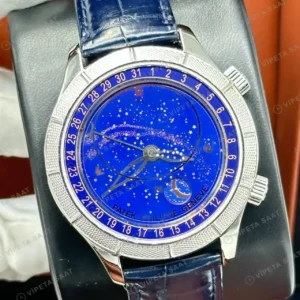Patek Philippe 40 mm Grand Complications Yıldızlı Mavi Kadran Taşlı Bezel Super Clone ETA Saat kırp kapak