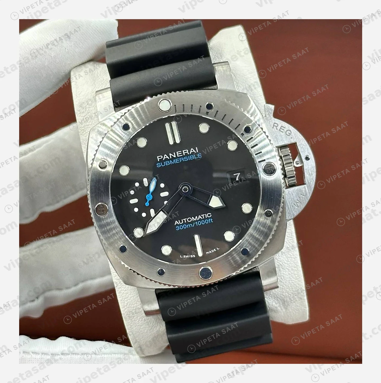 Panerai 42 mm PAM01222 Submersible Siyah Kadran Kauçuk Zarif Super Clone ETA Eta Saat detay 5
