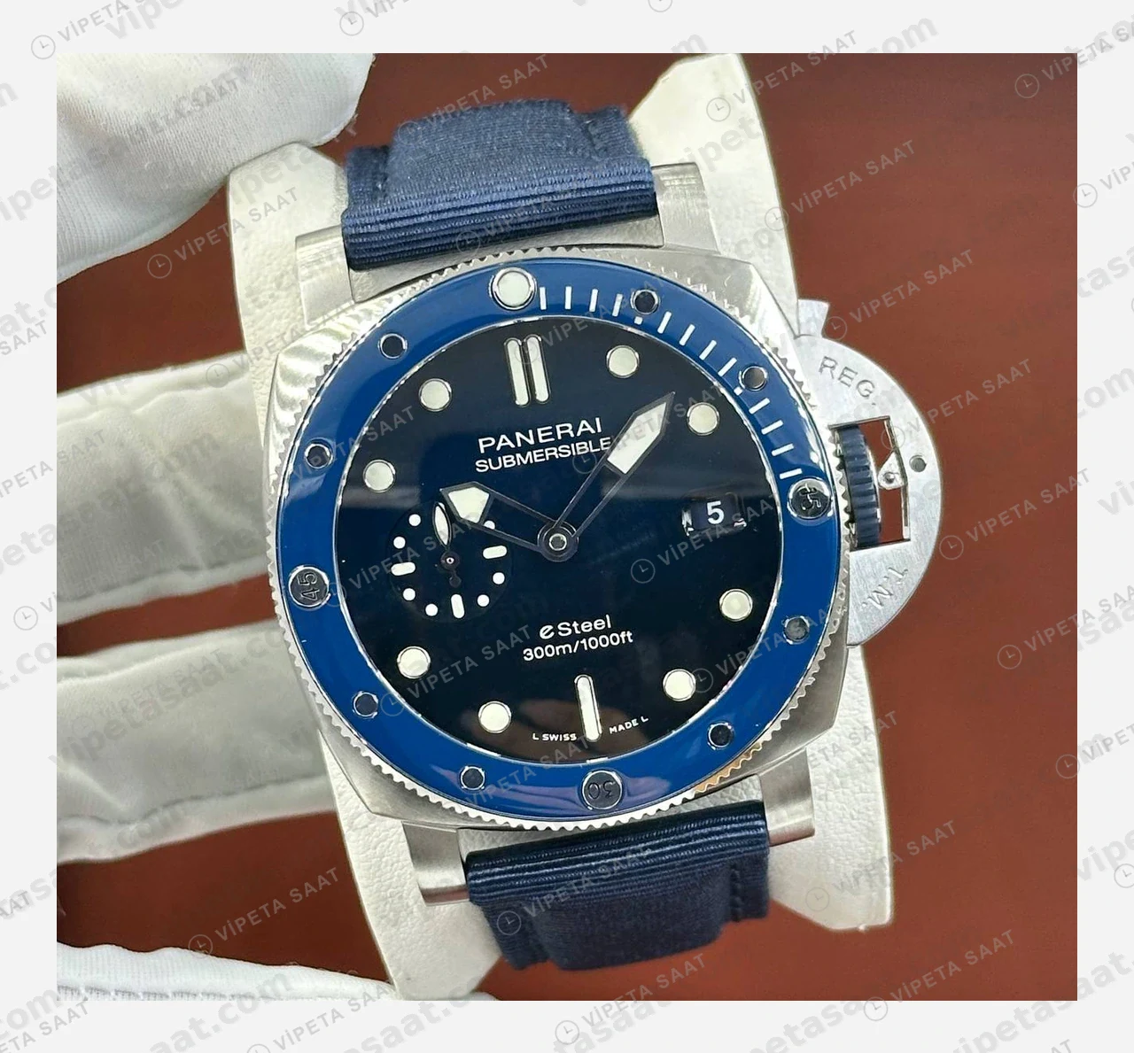 Panerai 42 mm PAM01664 Submersible Mavi Kadran Kauçuk Super Clone ETA Eta Saat detay 5