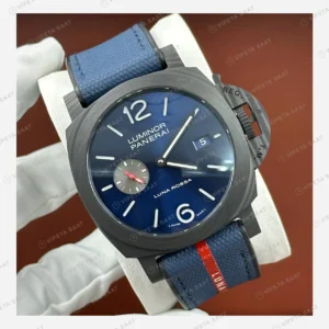 Panerai 44 mm PAM01314 Luminor Karbon Mavi Kadran Kırmızı Kordon Super Clone ETA Eta Saat detay 6