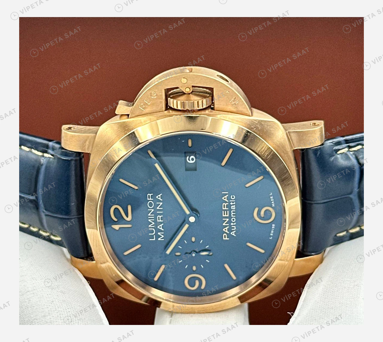 Panerai 44 mm PAM01314 Luminor Marina Bronzo Mavi Kadran Zarif Super Clone ETA Eta Saat karşıdan görünüm