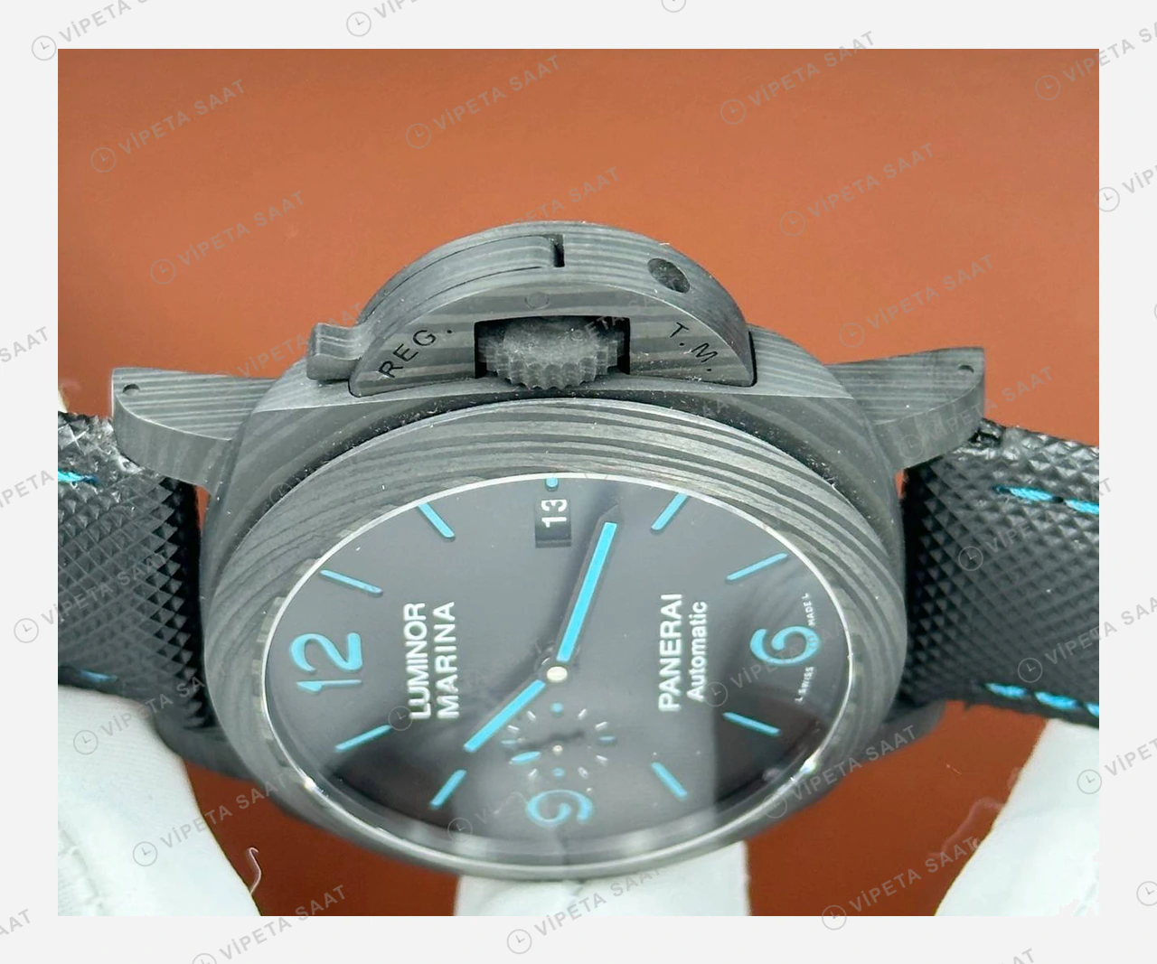 Panerai 44 mm PAM01314 Luminor Marina Karbon Mavi Kadran Super Clone ETA Eta Saat detay 5