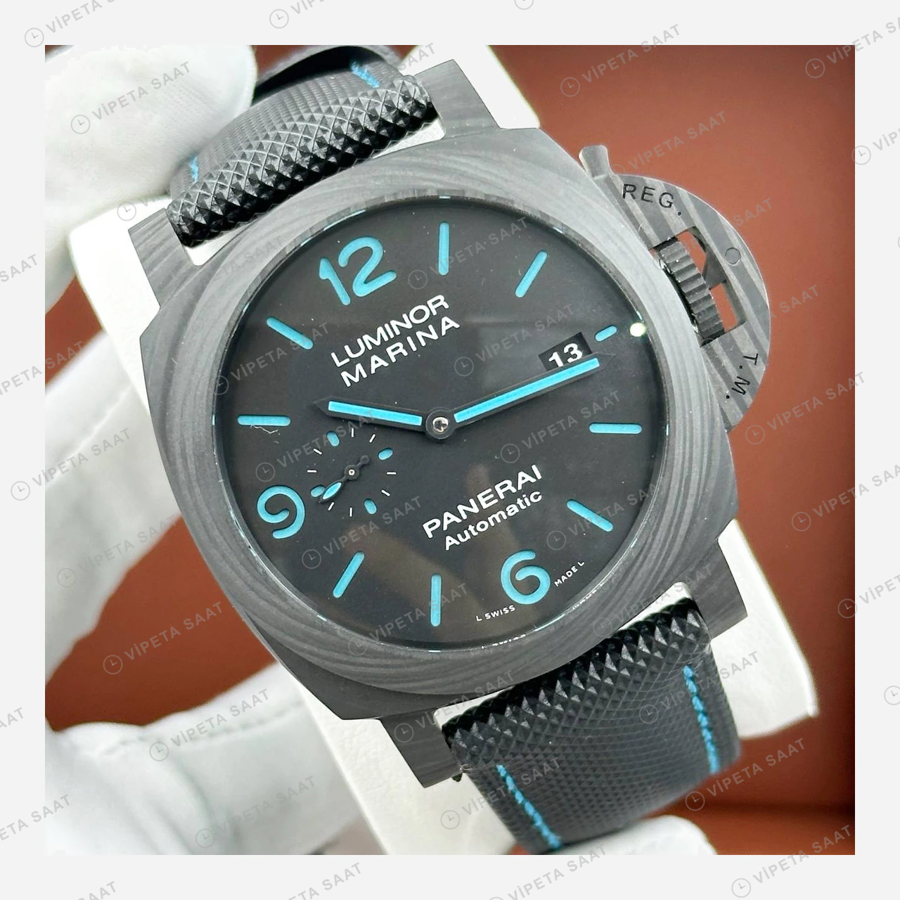 Panerai 44 mm PAM01314 Luminor Marina Karbon Mavi Kadran Super Clone ETA Eta Saat detay 6