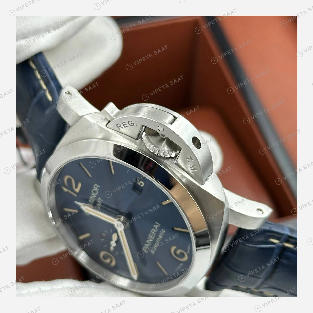 Panerai 44 mm PAM01314 Luminor Mavi Kadran Deri Klasik Super Clone ETA Eta Saat detay 7