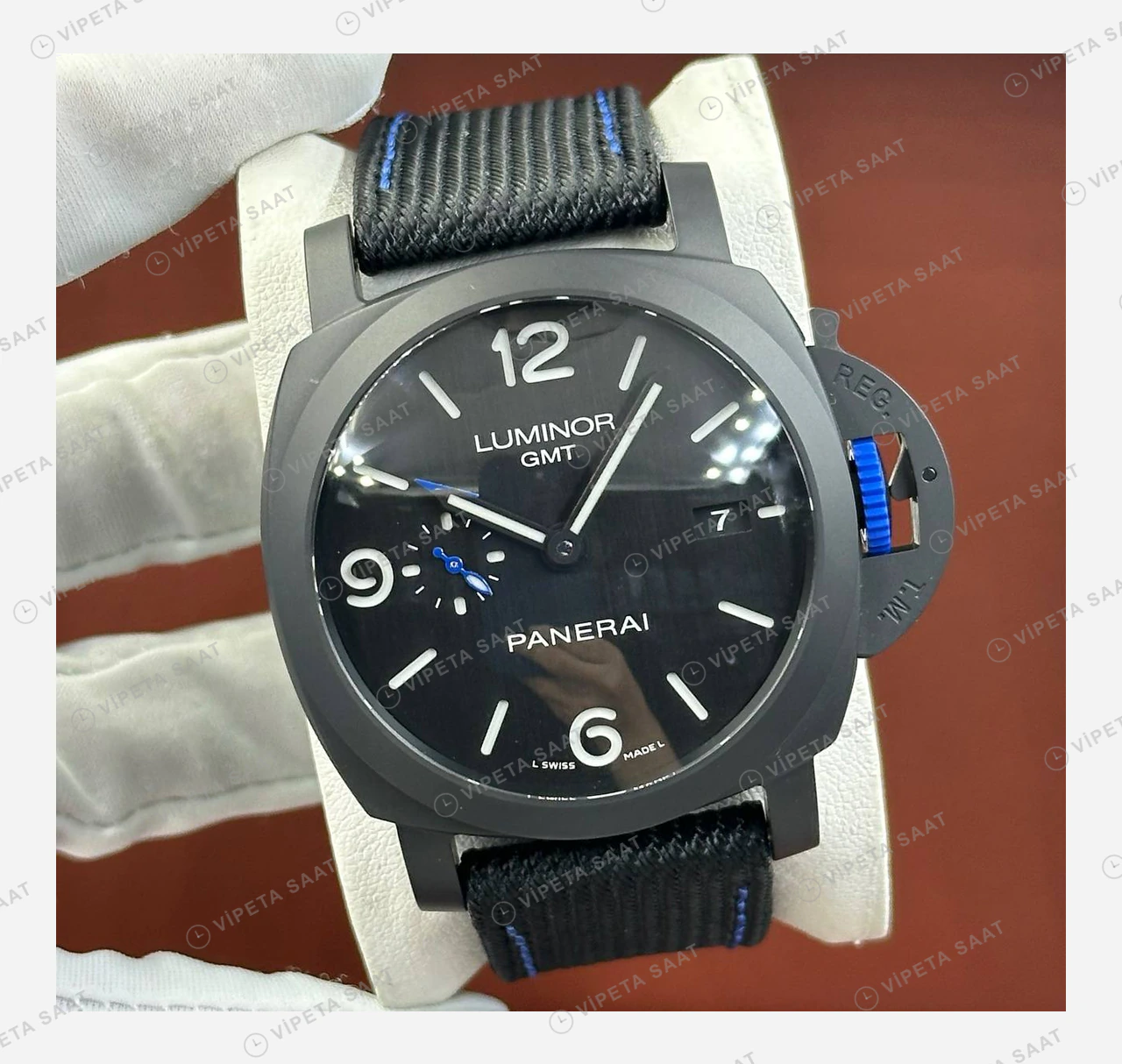 Panerai 44 mm PAM01361 Luminor GMT Mavi Kadran Nato Super Clone ETA Eta Saat detay 5