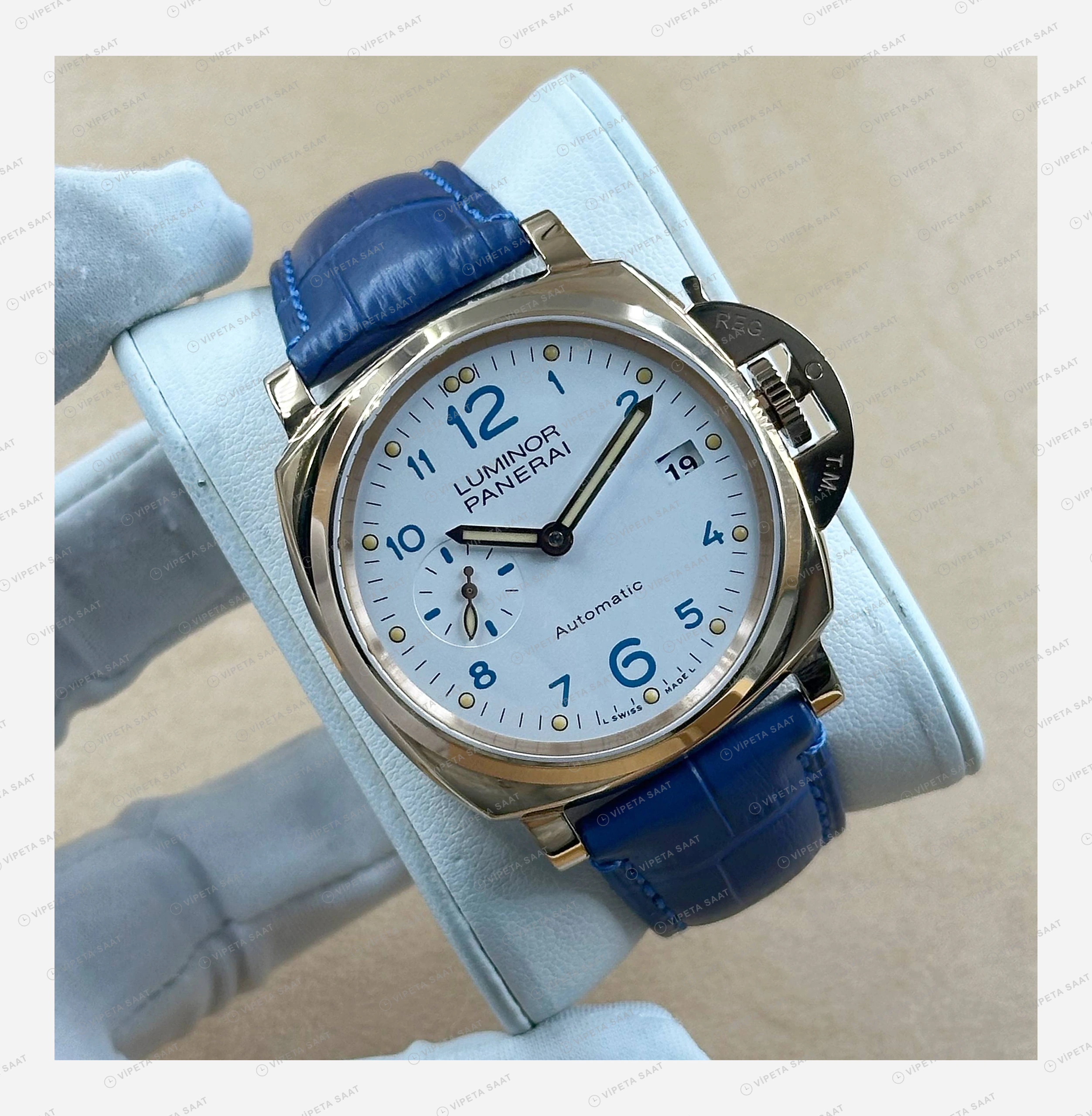 Panerai 44 mm PAM01371 Luminor Bronzo Beyaz Kadran Mavi Kordon Super Clone ETA Eta Saat detay 5