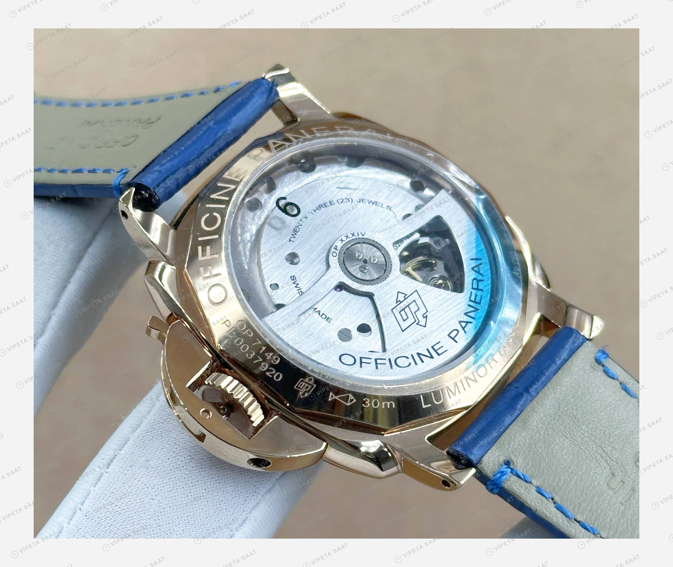 Panerai 44 mm PAM01371 Luminor Bronzo Beyaz Kadran Mavi Kordon Super Clone ETA Eta Saat detay 6