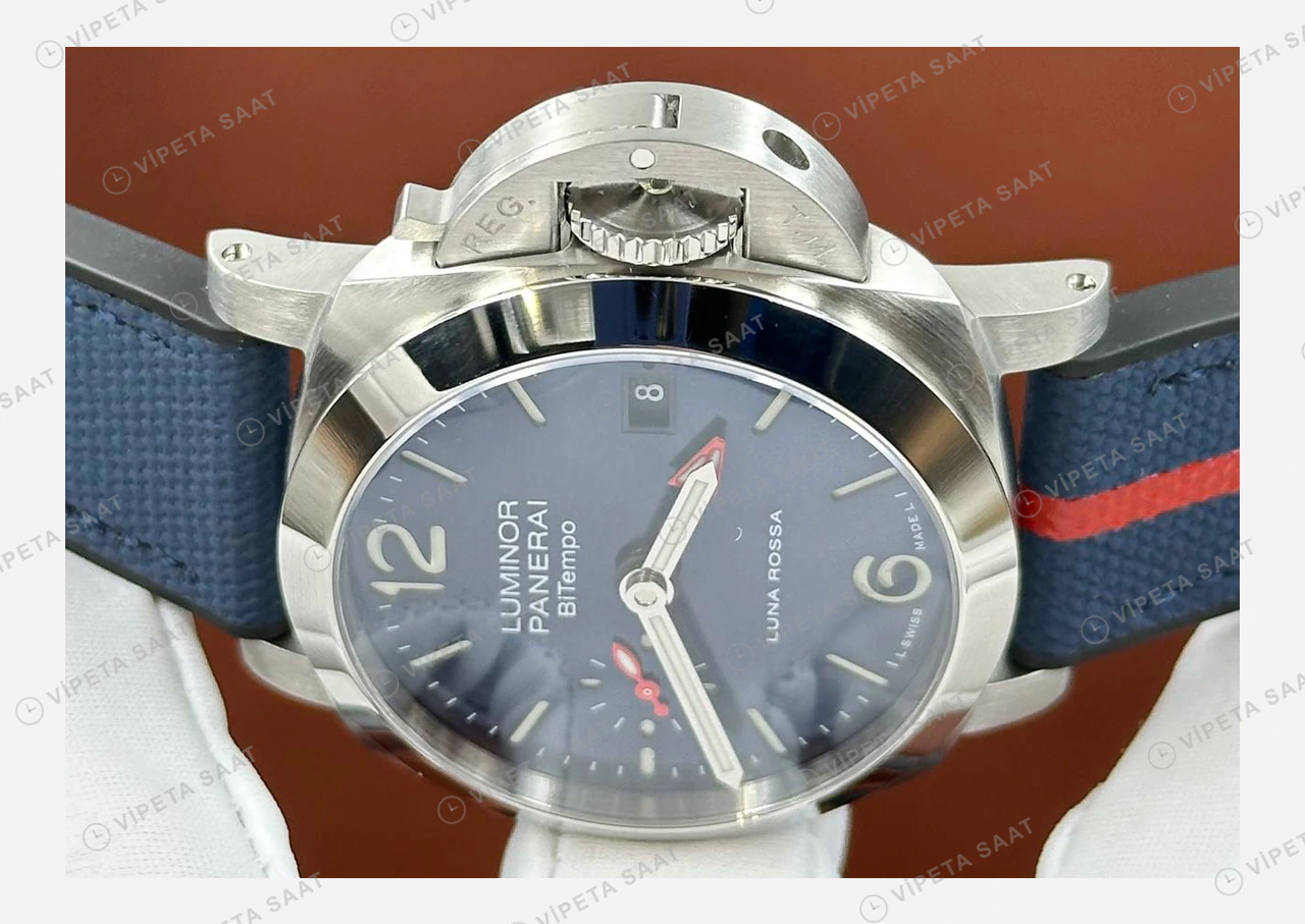 Panerai 44 mm PAM01436 Luminor BiTempo Luna Rossa Mavi Kadran Super Clone ETA Eta Saat detay 4