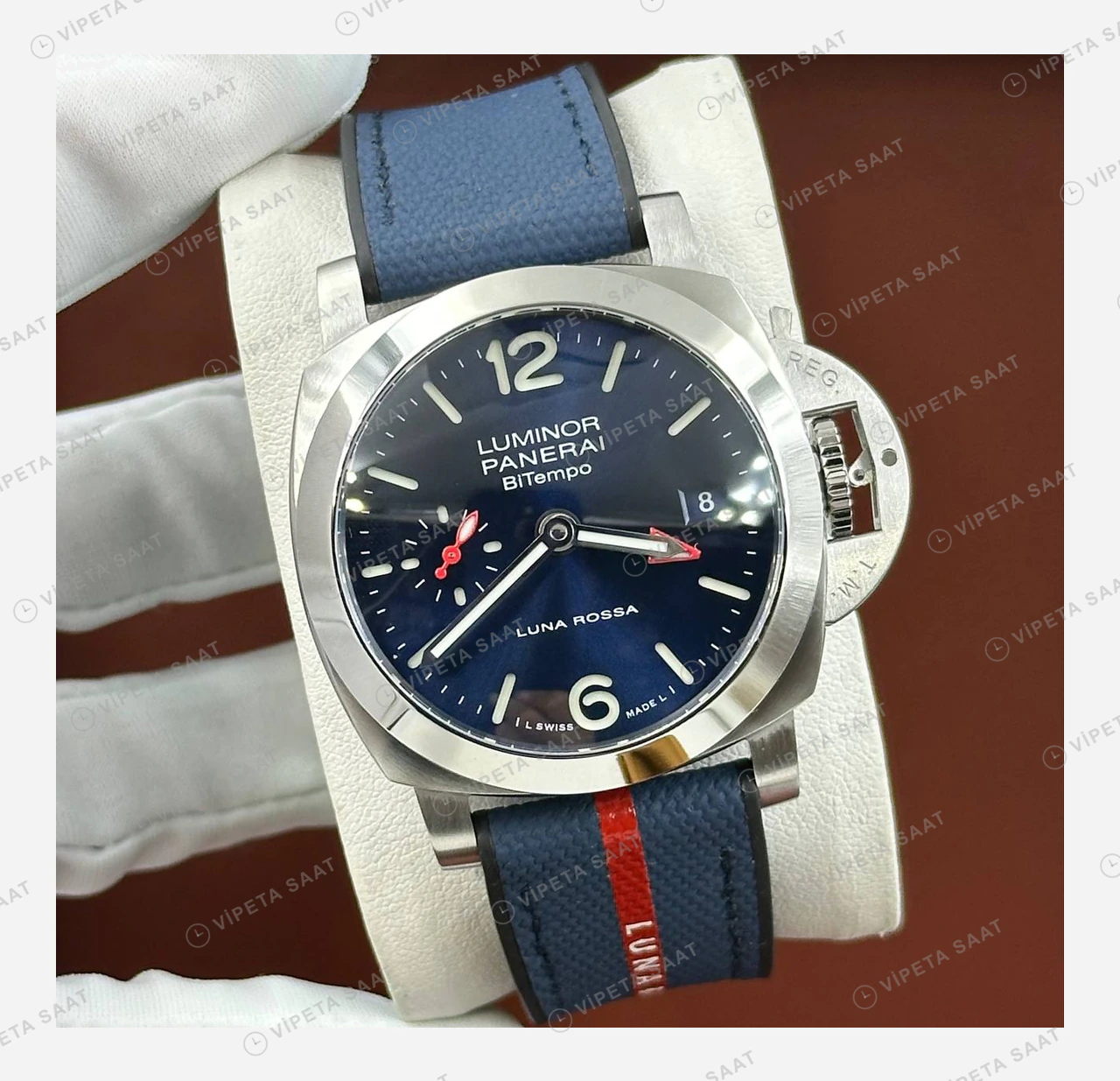 Panerai 44 mm PAM01436 Luminor BiTempo Luna Rossa Mavi Kadran Super Clone ETA Eta Saat detay 6