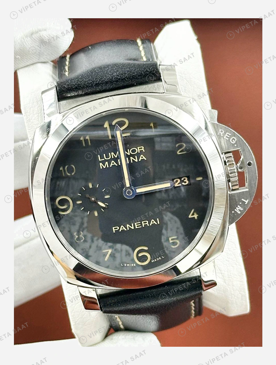Panerai 44 mm PAM01436 Luminor Marina BiTempo Siyah Kadran Super Clone ETA Eta Saat karşıdan görünüm