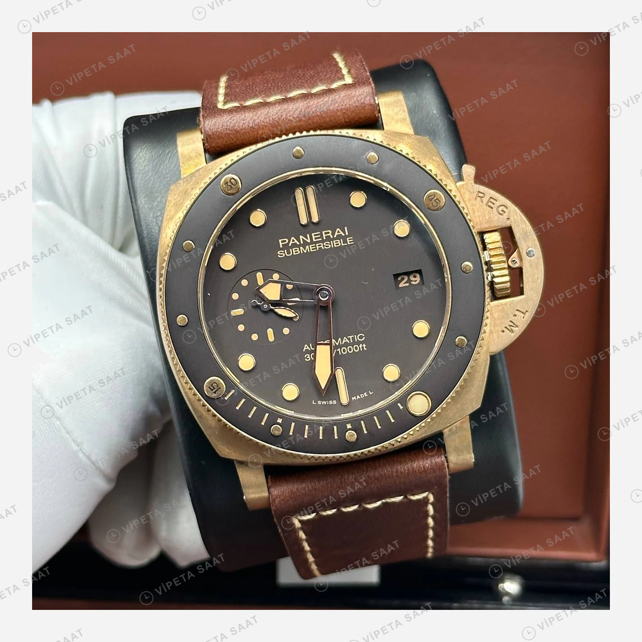 Panerai 47 mm PAM01074 Submersible Bronzo Kahverengi Kordon Super Clone ETA Eta Saat detay 5