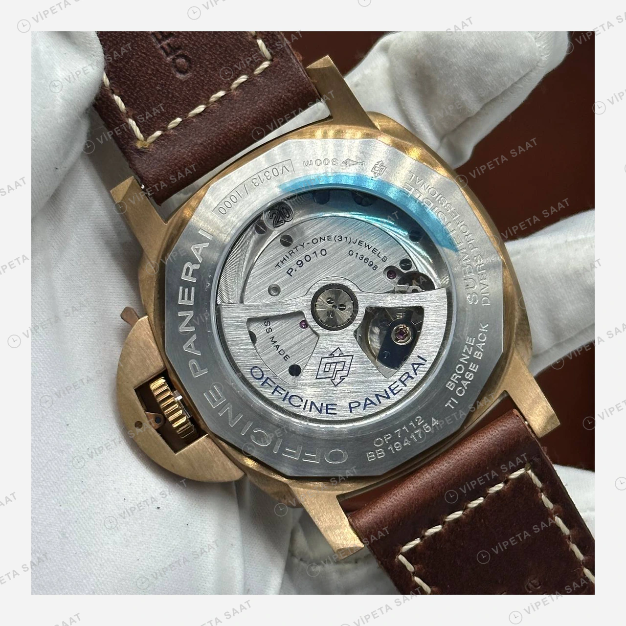 Panerai 47 mm PAM01074 Submersible Bronzo Kahverengi Kordon Super Clone ETA Eta Saat detay 6