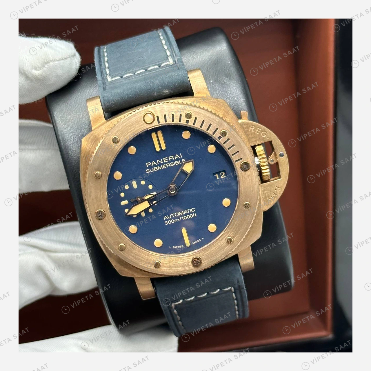 Panerai 47 mm PAM01074 Submersible Bronzo Mavi Kadran Klasik Super Clone ETA Eta Saat detay 5
