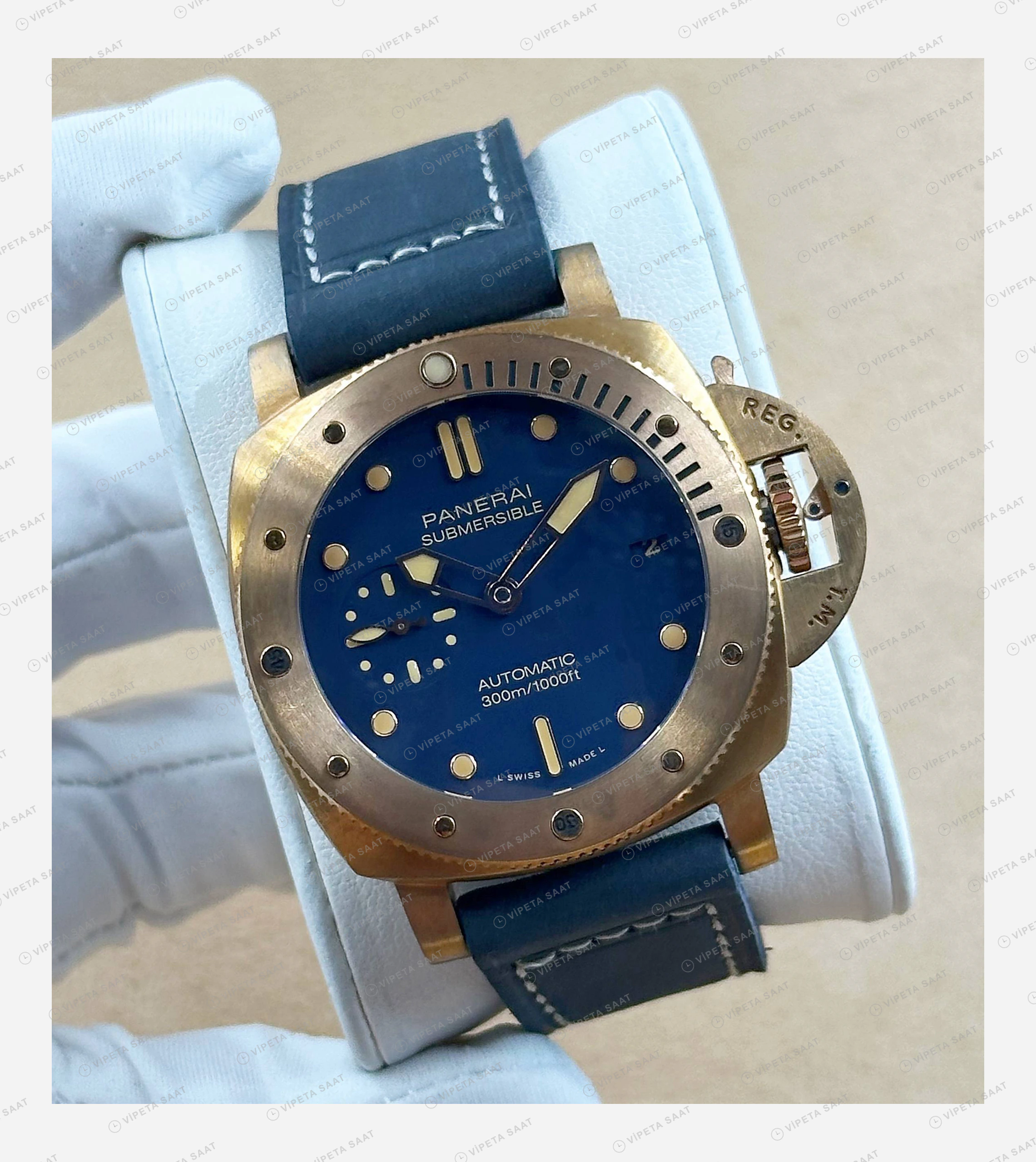 Panerai 47 mm PAM01074 Submersible Bronzo Mavi Kadran Usta Super Clone ETA Eta Saat detay 5