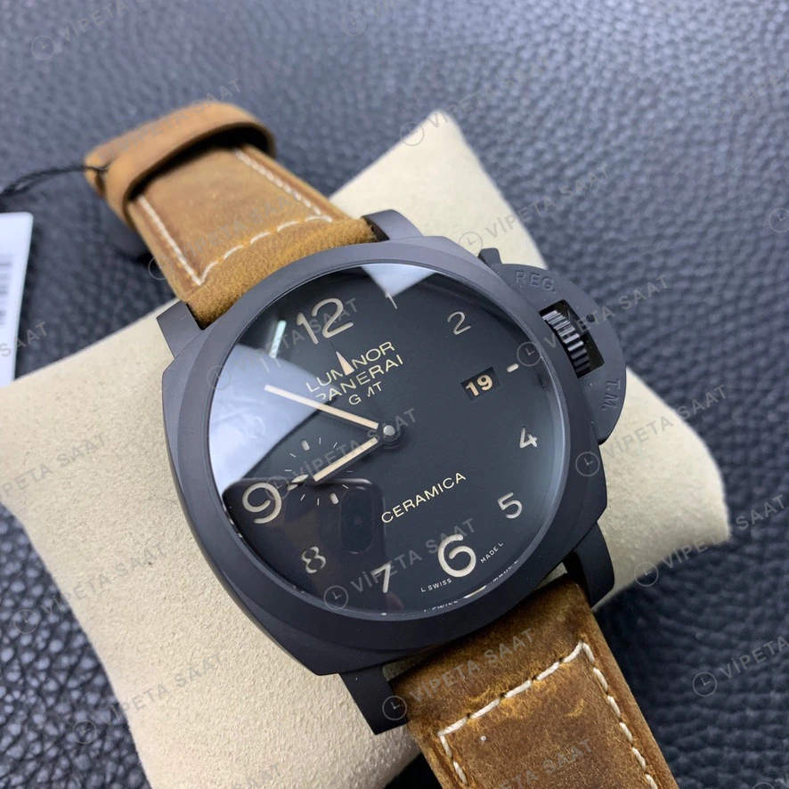 Panerai Luminor GMT Ceramica Siyah Kadran Seramik Kasa Kahverengi Deri Kordon Super Clone Eta Eta Saat detay 4