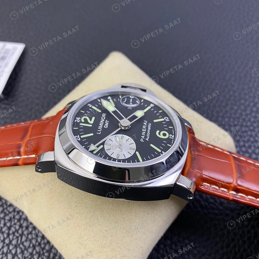 Panerai Luminor GMT Siyah Kadran Celik Kasa Kahverengi Deri Super Clone Eta Saat görünüm 5