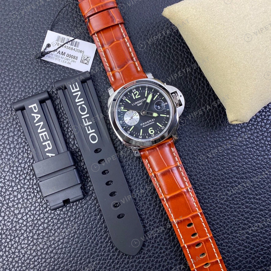 Panerai Luminor GMT Siyah Kadran Celik Kasa Kahverengi Deri Super Clone Eta Saat görünüm 7