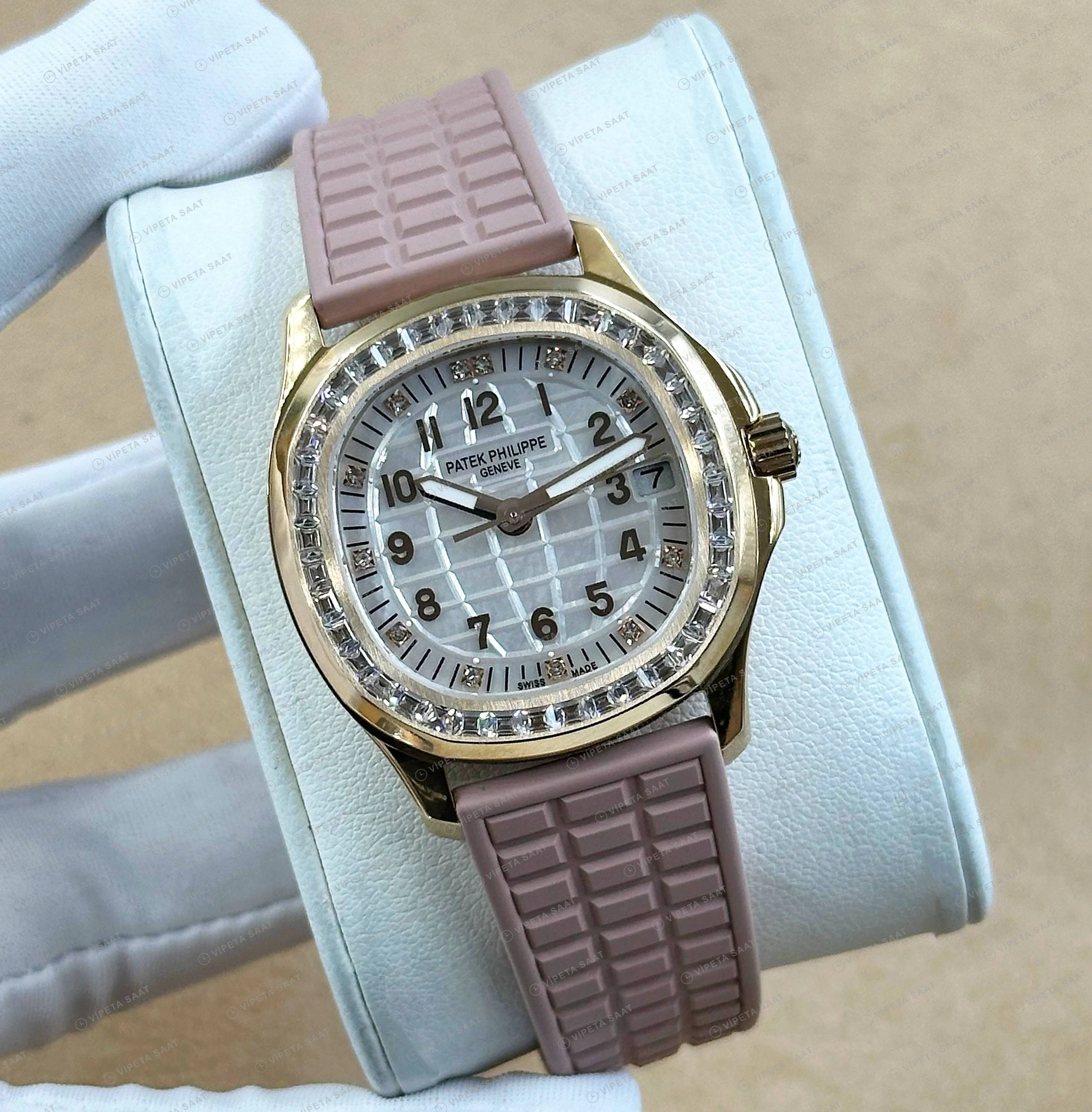 Patek Philippe 38.8 mm Aquanaut Luce Krem Kadran Elmas Taşlı Pembe Kauçuk Super Clone ETA Eta Saat detay 6