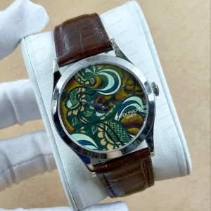Patek Philippe 39 mm Calatrava Cloisonne Kuş Sanat Kadran Deri Super Clone ETA Eta Saat detay 3