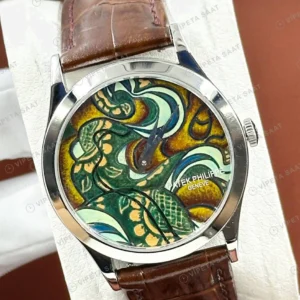 Patek Philippe 39 mm Calatrava Cloisonne Renkli Sanat Kadran Deri Super Clone ETA Eta Saat karşıdan görünüm
