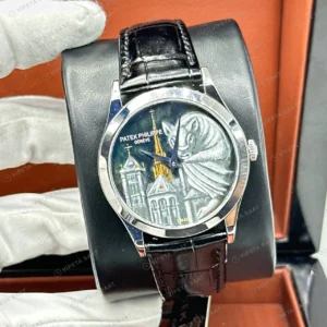 Patek Philippe 39 mm Calatrava Mineli Resimli Kadran Deri Super Clone ETA Eta Saat karşıdan görünüm