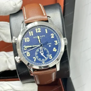 Patek Philippe 39 mm Calatrava Pilot Travel Time Krem Kadran Çift Zaman Deri Super Clone ETA Eta Saat detay 3