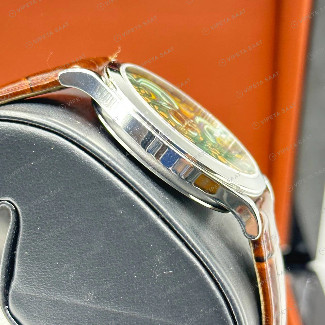 Patek Philippe 39 mm Calatrava Renkli Sanat Kadran Deri Super Clone ETA Eta Saat detay 5