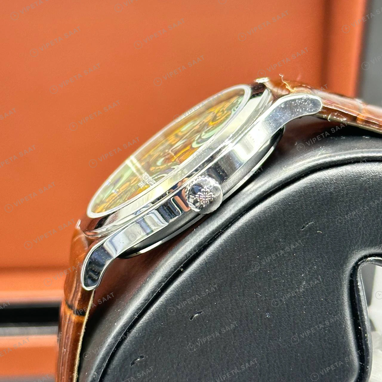 Patek Philippe 39 mm Calatrava Renkli Sanat Kadran Deri Super Clone ETA Eta Saat detay 6