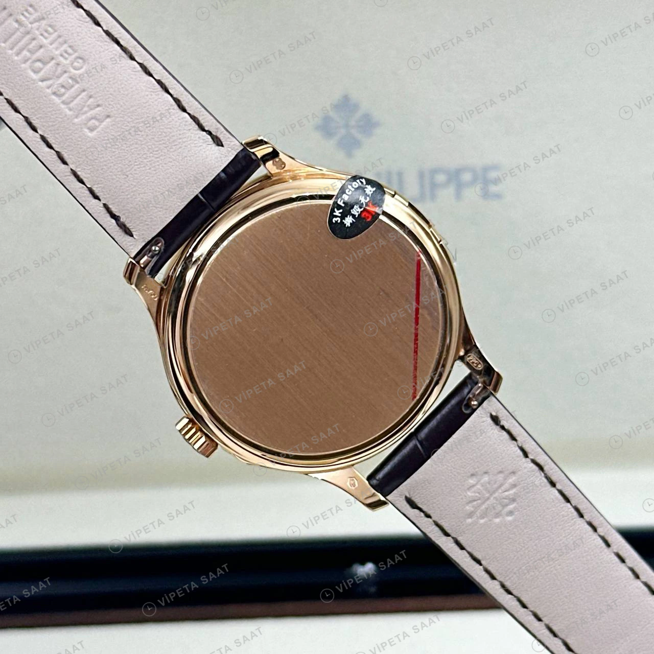 Patek Philippe 39 mm Calatrava Rose Gold Somon Kadran Deri Super Clone ETA Eta Saat detay 4