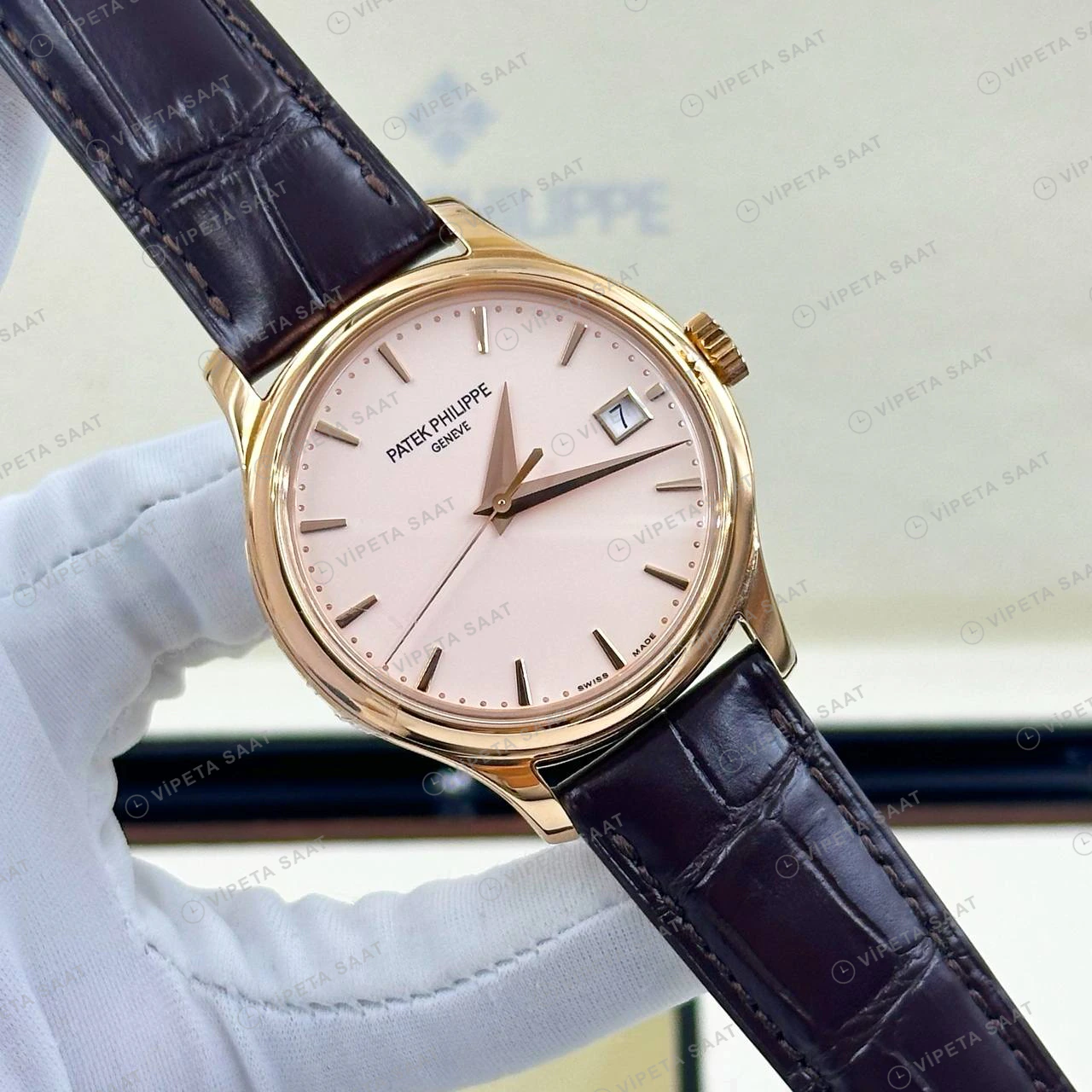 Patek Philippe 39 mm Calatrava Rose Gold Somon Kadran Deri Super Clone ETA Eta Saat detay 7