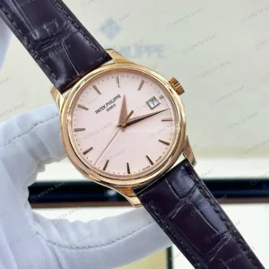 Patek Philippe 39 mm Calatrava Rose Gold Somon Kadran Deri Super Clone ETA Eta Saat detay 7