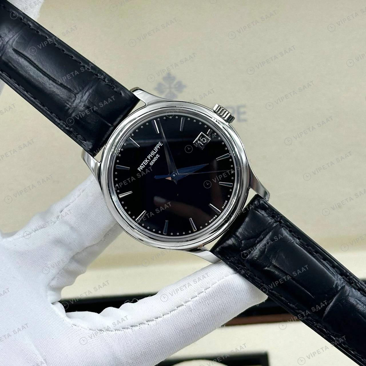 Patek Philippe 39 mm Calatrava Siyah Kadran Deri Klasik Super Clone ETA Eta Saat detay 4