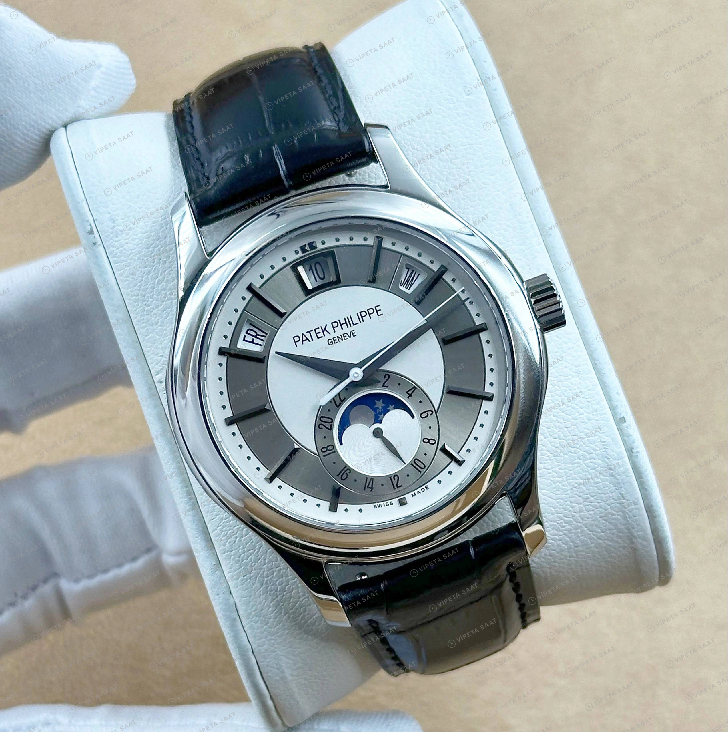 Patek Philippe 40 mm Grand Complications Gri Ay Evreli Yıllık Takvim Deri Super Clone ETA Eta Saat detay 6
