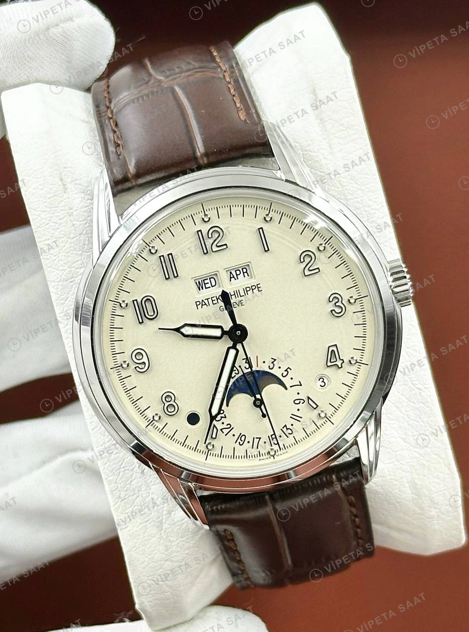 Patek Philippe 40 mm Grand Complications Krem Takvim Ay Evreli Deri Super Clone ETA Eta Saat detay 4