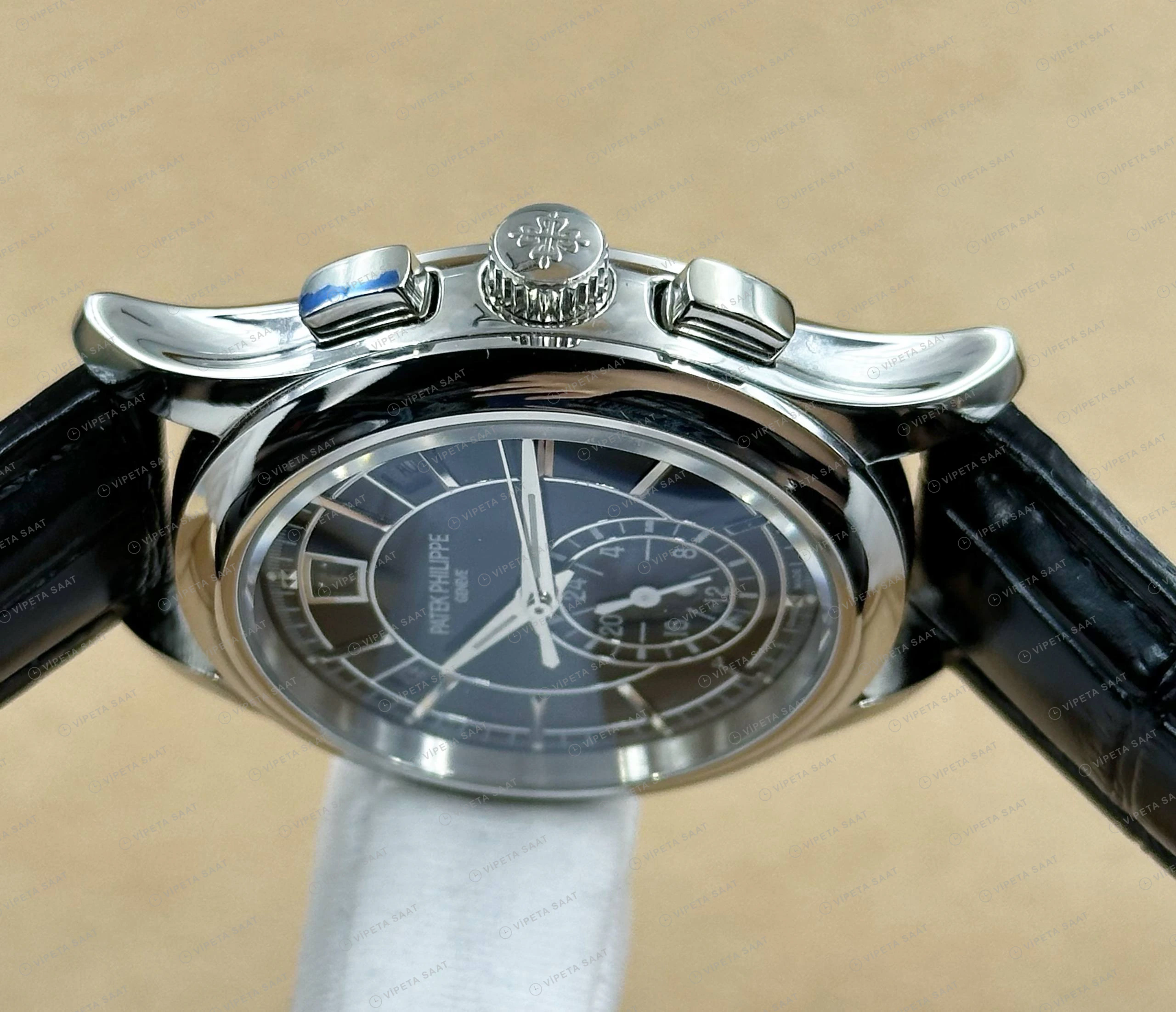 Patek Philippe 40 mm Grand Complications Siyah Kronograf Perpetual Takvim Deri Super Clone ETA Eta Saat detay 3