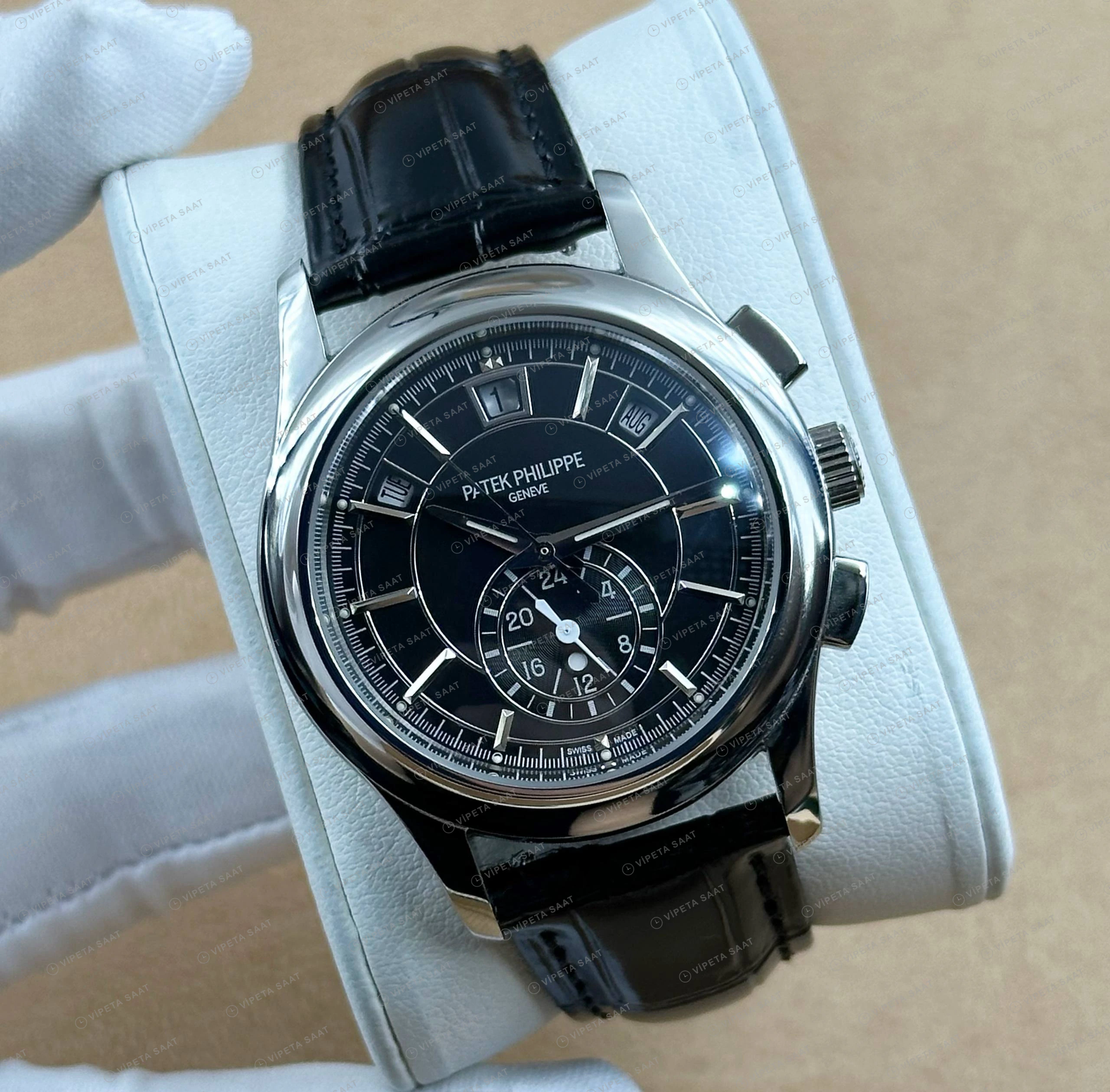 Patek Philippe 40 mm Grand Complications Siyah Kronograf Perpetual Takvim Deri Super Clone ETA Eta Saat detay 5
