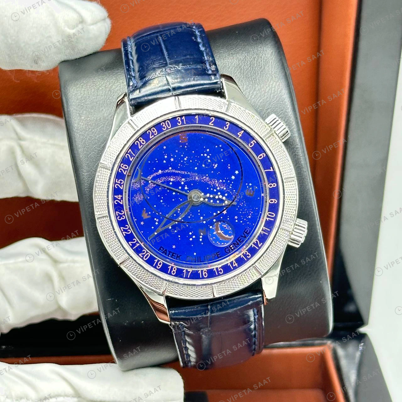 Patek Philippe 40 mm Grand Complications Yıldızlı Mavi Kadran Taşlı Bezel Super Clone ETA Eta Saat detay 3