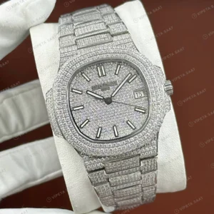 Patek Philippe 40 mm Nautilus Beyaz Elmas Taşlı Full Pave Parlak Super Clone ETA Eta Saat detay 5