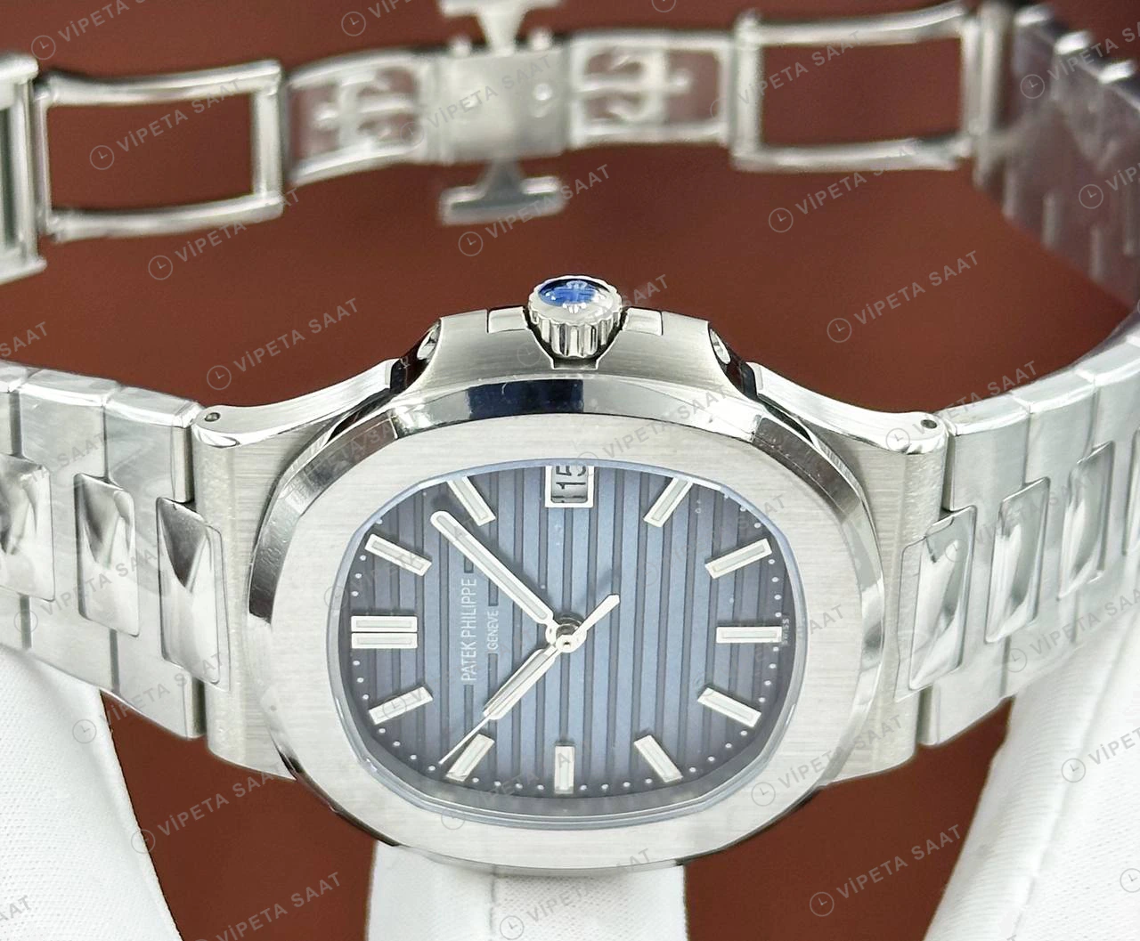 Patek Philippe 40 mm Nautilus Mavi Kadran Çelik Özel Bileklik Super Clone ETA Eta Saat detay 4