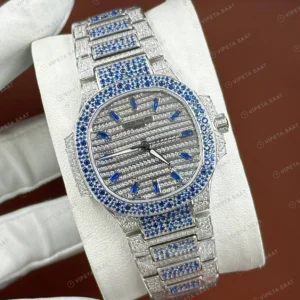 Patek Philippe 40 mm Nautilus Mavi Safir Taşlı Full Pave Super Clone ETA Eta Saat detay 3