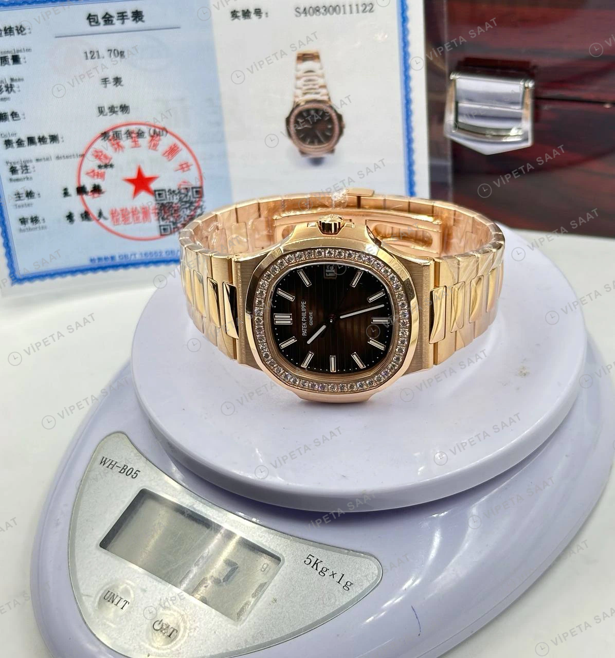 Patek Philippe 40 mm Nautilus Rose Gold Kahve Elmas Taşlı Düz Super Clone ETA Eta Saat detay 4